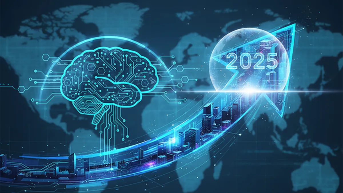 Interconnected digital nodes and glowing pathways converging at a central point, representing quantum computing, AI, and emer