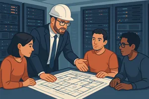 An architect explaining blueprints to their team