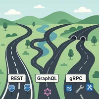 REST, tRPC, gRPC, GraphQL going via different infrastuctures symbolizing the different capabilities of each.