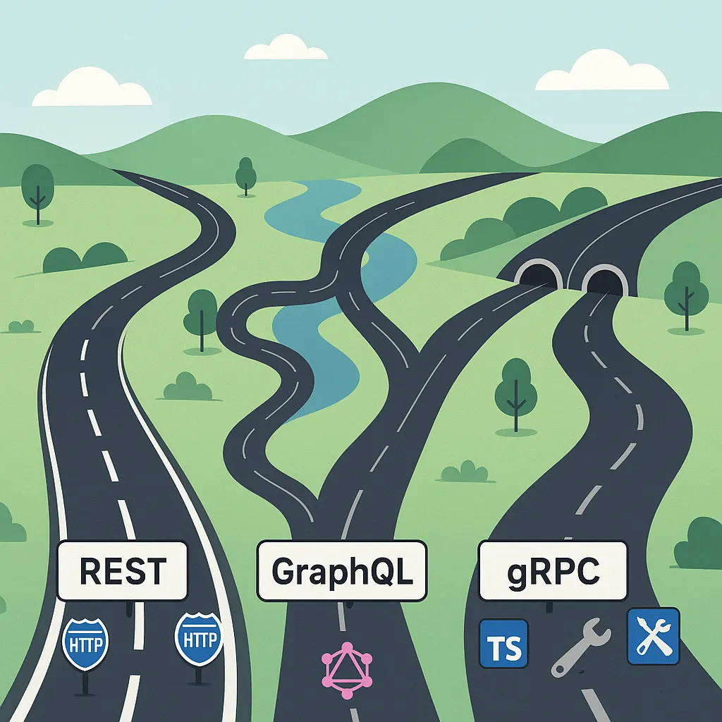 REST, tRPC, gRPC, GraphQL going via different infrastuctures symbolizing the different capabilities of each.