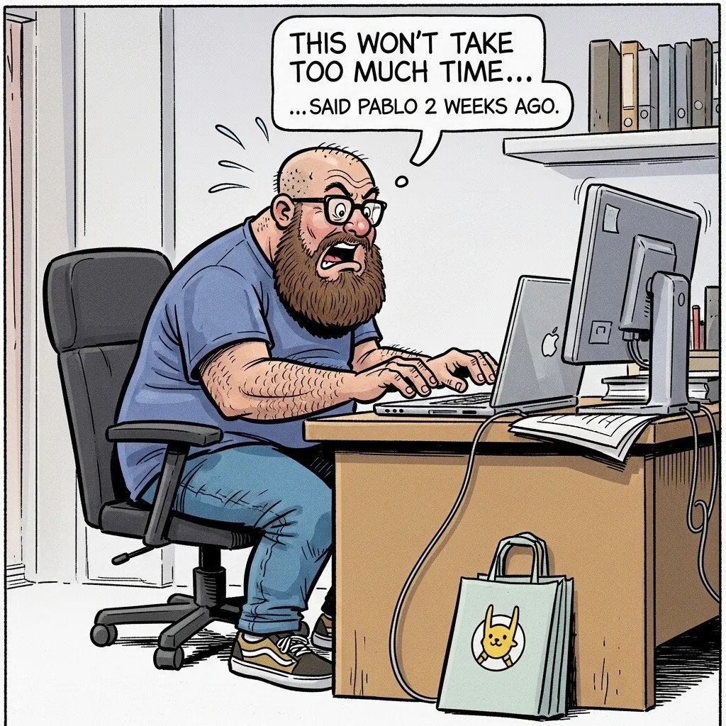 Comic strip: Pablo at his computer, looking stressed, with a thought bubble 'This won't take too much... said Pablo 2 weeks ago.'