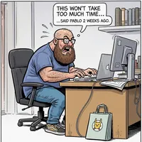 Comic strip: Pablo at his computer, looking stressed, with a thought bubble 'This won't take too much... said Pablo 2 weeks ago.'