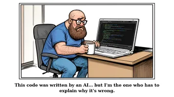 Pablo at his desk, surrounded by code, looking frustrated as he reviews an AI-generated solution.