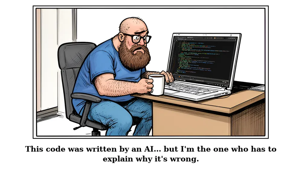 Pablo at his desk, surrounded by code, looking frustrated as he reviews an AI-generated solution.