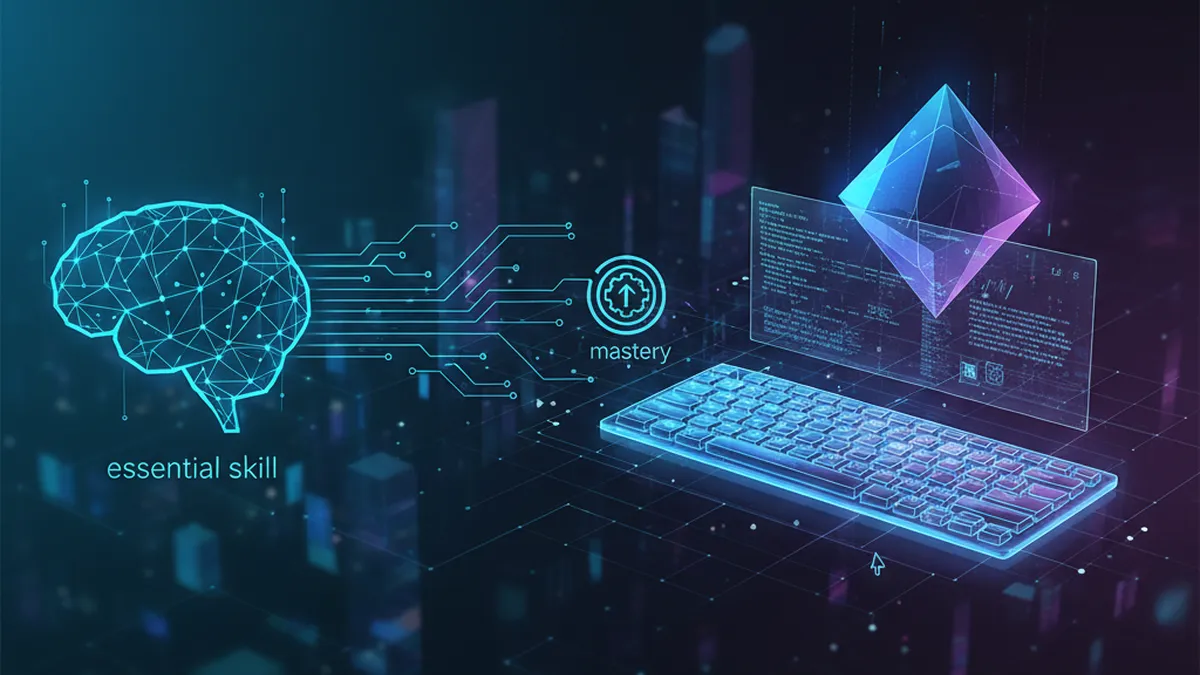 Developer's hands typing code, digital interface showing AI dialogue, and glowing neural network connections.