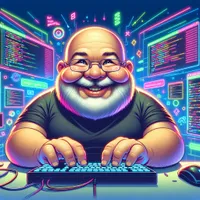 A man sitting at a computer with a satisfied expression. The background is filled with colorful code, neon lights, and tech gadgets. The atmosphere is fun and energetic, with a slight cyberpunk vibe. The man is typing confidently, surrounded by screens and digital elements, conveying a sense of joy and mastery in his work.