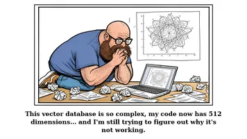 Pablo, a bald software developer with stubble, slumped at his desk, surrounded by papers and a laptop displaying complex code