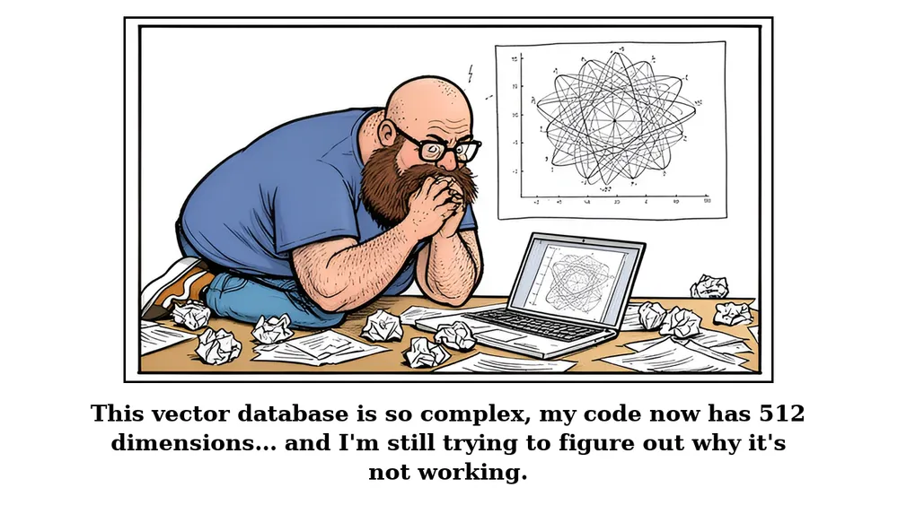 Pablo, a bald software developer with stubble, slumped at his desk, surrounded by papers and a laptop displaying complex code