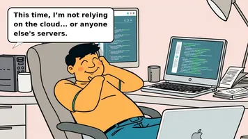 Pablo at his desk, relieved, viewing Forgejo's interface on his laptop, surrounded by coffee and code.
