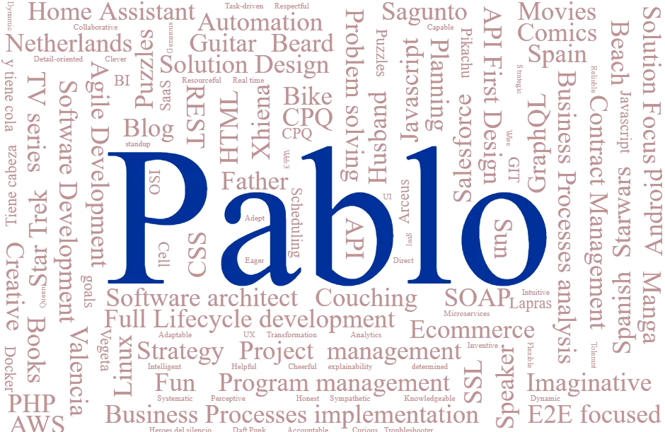 Pablo, xhiena, Father, Husband, Couching, Full Lifecycle development, Business Processes analysis, Problem solving, Salesforce, Agile Development, Project management, Program management, CPQ, Software Development, Software architect, API First Design, Solution Design, Contract Management, Business Processes implementation, Javascript, HTML, CSS, API, REST, SOAP, GraphQL, Ecommerce, Blog, Strategy, Planning, Beard, Bike, Puzzles, Starwars, Star Trek, TV series, Automation, Speaker, Guitar, Linux, Android, Home Assistant, Thinking outside the box, Creative, Imaginative, Solution Focus, E2E focused, Holistic approach, Fun, Spanish, Netherlands, Sagunto, Puerto de Sagunto, Valencia, Spain, Comics, Manga, Books, Movies, Liefde, Dad jokes, Dad jokes, Beach, Sun, Friend, Lord of the Rings, Hobbit, E-reader, Pablorgini, Web, SSL, AWS, Azure, Jquery, PHP, Apache, Tomcat, Expert, Calm, easy going, PlayStation, Switch, Homelab, La Vaca lola, Biking with my kid, Team Leader, Tech Lead, Platform, Manager, Home automation, Train, Miniatures, Scheduling, La vaca lola, Tiene cabeza, y tiene cola, y hace muuuuuuu, Javascript, Couch, CPQ, Puzzles, Manga, Books, Pikachu, Articuno, Armarouge, Charizard, Electivire, Garchomp, Lapras, Tyranitar, Heracross , Venusaur, Flareon, Kadabra , Arceus, Dragonite, Goku, Vegeta, Gohan, Problem solving, Cell, Piccolo, Frieza, Frizer, Tao Pai Pai, Ginyu Force, Forces Specials, Sayan, Architecture , analysis , business drivers, goals, ATAM , software development life cycle, System Design, Requirements, Scalability, System Architecture, Database, Software Engineering, Modularity, Abstraction, Encapsulation, Reusability, Maintenance, Testing, Design Patterns, Agile methodologies, Continuous Integration & Deployment:, CI/CD, Efficiency, Reliability, Reusability, Maintainability, Roles, Product, Portability, Interoperability, Attention to detail, Security, Networks, OSI , Communication, Internet , Python, DevOps, Machine Learning, Data Visualization, Business Intelligence, BI, GIT, Docker , Hosting, Datafication, Net Neutrality, Digital Divide, XaaS, SaaS, PaaS, Gamification, Distributed Cloud, IOB, IOT, Hyperautomation, Web3, Digitization, Digital Transformation, Transformation, Digital Disruption, Analytics, Microservices, UX, UI, IaaS, AI Agents, Real time , accelerator, explainability, standup, Adaptable, Strategic, Multidisciplinary, Analytical, Resourceful, determined, Adept, Cheerful, Direct, Enthusiastic, Flexible, Generous, Helpful, Honest, Intelligent, Intuitive, Inventive, Knowledgeable, Logical, Perceptive, Reliable, Respectful, Tolerant, Sympathetic, Successful, Wise, Systematic, Task-driven, Accountable, Eager, Experienced, Resourceful, Troubleshooter, Unconventional, Capable, Dynamic, AC/DC, Queen, Daft Punk, Heroes del silencio, Collaborative, Detail-oriented, Methodical, Adaptable, Clever , Curious , Dynamic , Gentle , Humorous